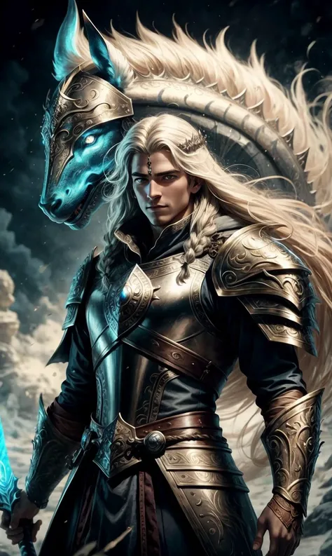 a profesional picture of 1man Sir Aethion, the Eternal Guardian, Appearance: Sir Aethion stands as a living monument to chivalry and valor. His armor, crafted by the finest artisans of the realm, is a gleaming silver that reflects the light of both sun and...