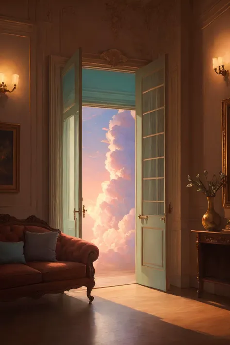 resourcefulness, shading, Unity, elegant, masterpiece, LIVING ROOM, evening, castle, inconceivable and spectacular a scene of emergence of a figure from the glowing cloud, ((pastel painting)), detailed background, make you feel relaxed and happy, medium br...