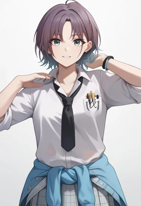 anime girl with purple hair and blue eyes in uniform