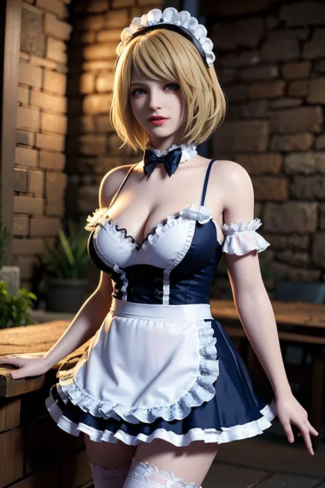 1girl, blonde_hair, breasts, brick, brick_wall, cleavage, cosplay_photo, lips, maid, maid_headdress, realistic, solo, wall, short_hair, blue_eyes, large_breasts, dress, bow, bare_shoulders, upper_body, frills, parted_lips, choker, indoors, bowtie, apron, b...