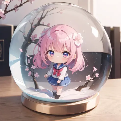 masterpiece,petite,1girl,sailor uniform,chibi,Cherry blossom trees,road, snowglobe <lora:Snow_Globes:0.8>,on table indoor