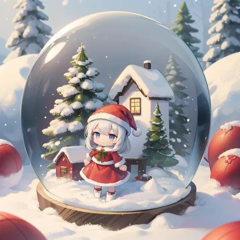 masterpiece,petite,1girl,santa costume,chibi,loghouse,snow,outdoor,fir tree,snowglobe <lora:Snow_Globes:0.8>,snow is falling