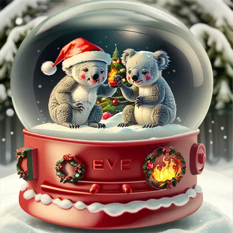 koala on firetruck with santa hat in a <lora:Snow_Globes:1> snowglobe