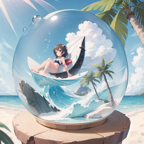 masterpiece,petite,1girl,swimwear,chibi,summer,ocean,big wave,outdoor,palm tree,snowglobe <lora:Snow_Globes:0.8>,sunshine,dolphine,surfboard,island,on table