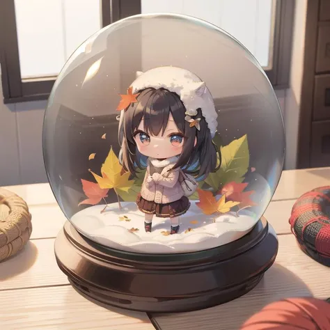 masterpiece,petite,1girl,knit onepiece,chibi,autumn leaves,road, snowglobe <lora:Snow_Globes:0.8>,on table indoor