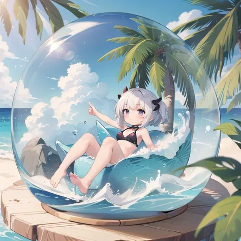 masterpiece,petite,1girl,swimwear,chibi,summer,ocean,big wave,outdoor,palm tree,snowglobe <lora:Snow_Globes:0.8>,sunshine