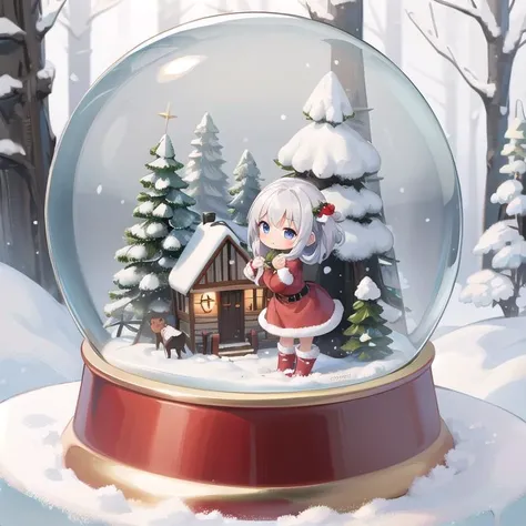 masterpiece,petite,1girl,santa costume,chibi,loghouse,snow,outdoor,fir tree,snowglobe <lora:Snow_Globes:0.8>,snow is falling