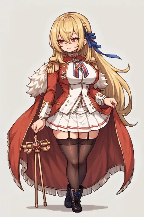 score_9, score_8_up, score_7_up, , rating_general,1girl ,mlkgv, blonde hair, blue ribbon. dress uniform, fur-trimmed cape, hair ...