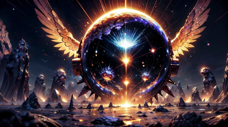 a large sphere with wings and a star in the middle