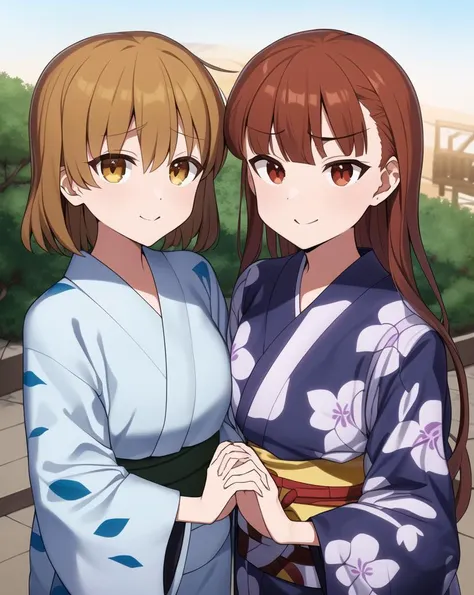 two anime characters in kimono kimono outfits standing next to each other