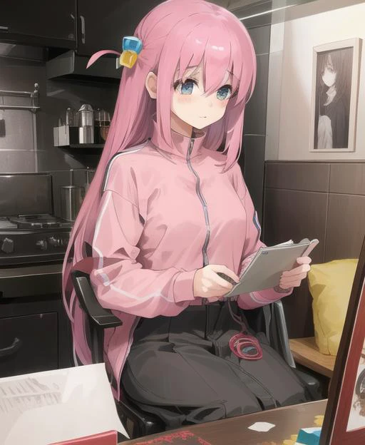 anime girl sitting in a chair with a tablet in her lap