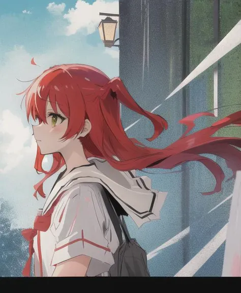 anime girl with red hair and backpack looking out of window