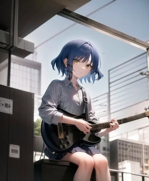 a close up of a person sitting on a bench with a guitar