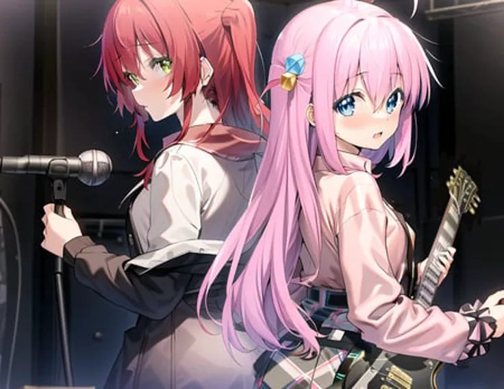 two anime girls with long pink hair and pink hair are standing in front of a microphone