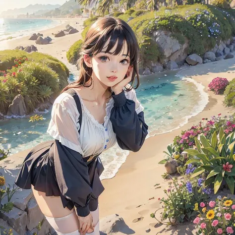 anime girl in a short skirt posing on a beach with flowers