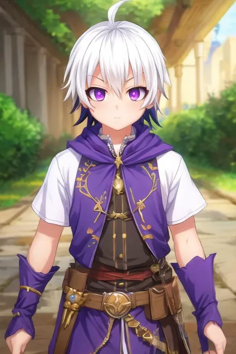 masterpiece, best quality, game cg, 1boy, solo, male focus, looking at viewer, upper body, depth of field, <lora:ren_elsie_jewelria:0.74>, ren_elsie_jewelria, white hair, multicolored hair, purple eyes, two-tone hair, dwarf costume, The Valley of the Damne...