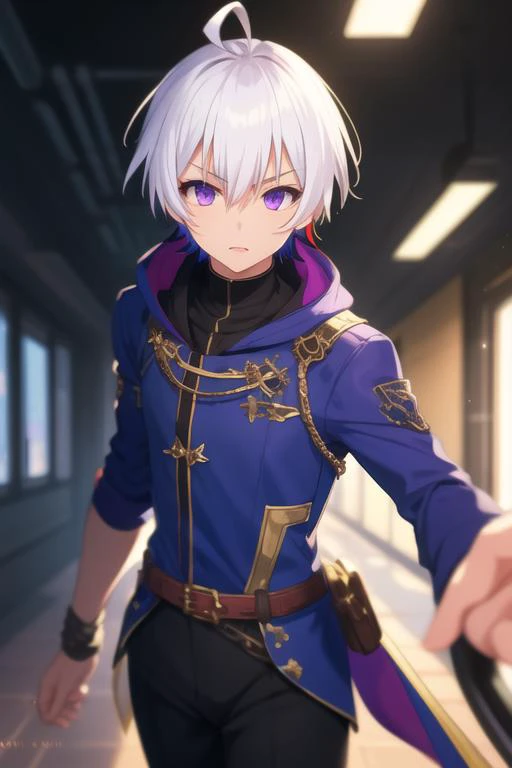 masterpiece, best quality, wallpaper, 1boy, solo, male focus, looking at viewer, , depth of field, <lora:ren_elsie_jewelria:0.70>, ren_elsie_jewelria, white hair, multicolored hair, purple eyes, two-tone hair, ranger costume, , High definition