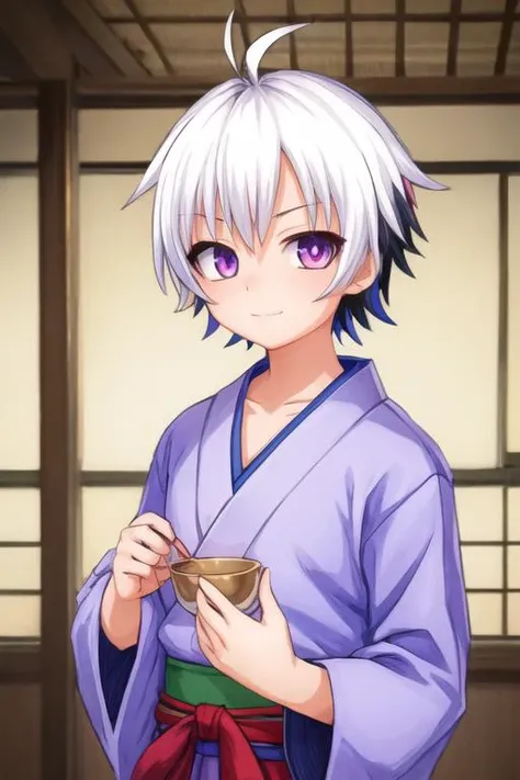 masterpiece, best quality, illustration, 1boy, solo, male focus, looking at viewer, upper body, , <lora:ren_elsie_jewelria:0.74>, ren_elsie_jewelria, white hair, multicolored hair, purple eyes, two-tone hair, sweater, , feudal japan, HDR