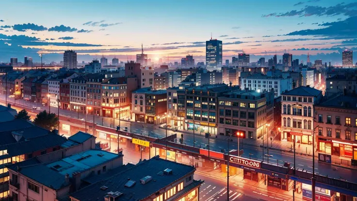 nighttime view of a city with a lot of buildings and a train