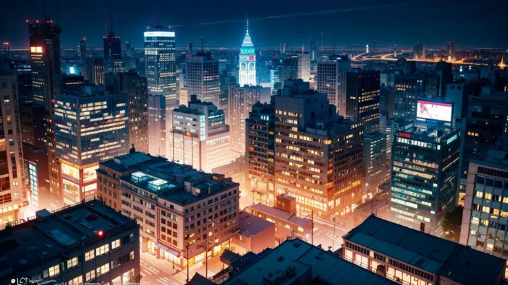 arafed view of a city at night with a lot of tall buildings