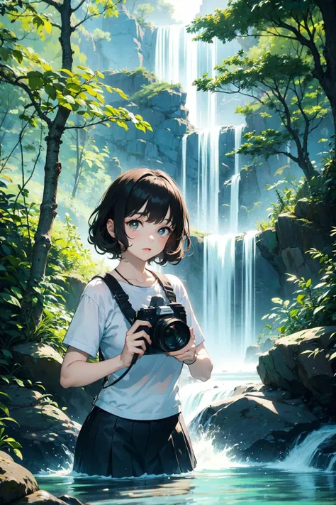 a woman holding a camera in front of a waterfall