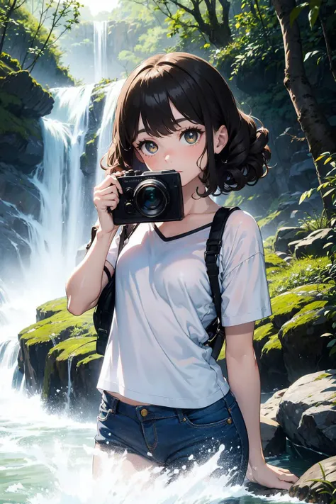 a woman holding a camera in front of a waterfall