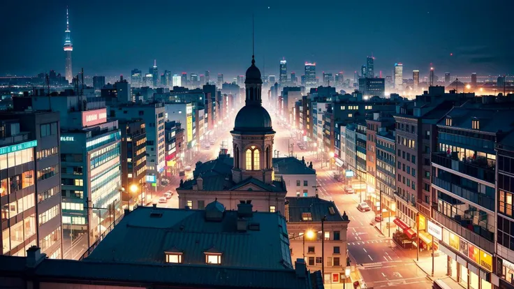 nighttime view of a city with a clock tower and a street