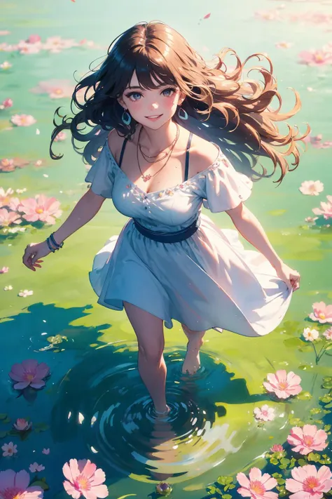 a woman in a dress is walking through a pond of water