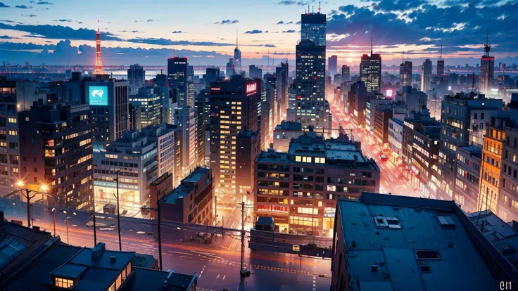 arafed view of a city at night with a lot of tall buildings