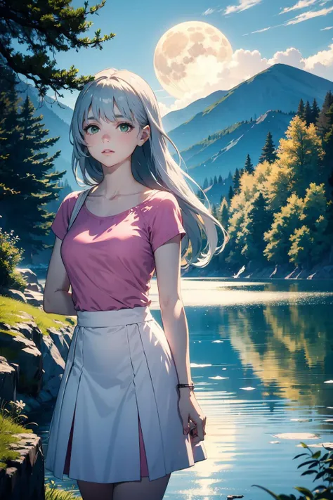 anime girl standing by a lake with a full moon in the background