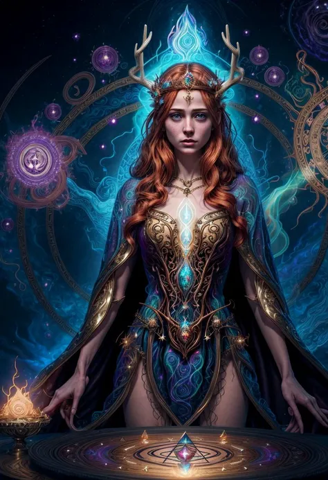 ((best quality)), ((masterpiece)), ((ultra realistic)), ((dark fantasy style)), ((dynamic action pose)), nude, 1girl, majestic intricately detailed soft oil painting, close up upper-body portrait, (a stunningly gorgeous worried ginger sorceress standing in...