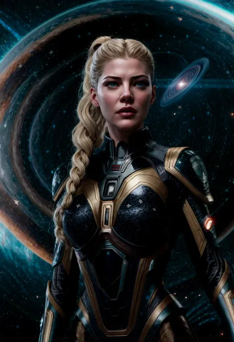 ((best quality)), ((masterpiece)), ((ultra realistic)), ((dark cyberpunk style)), beautiful intricately detailed soft oil painting, (blonde braided ponytail:1.3), body portrait of a terrified female scifi warrior, ((wearing skin tight skimpy sexy futuristi...