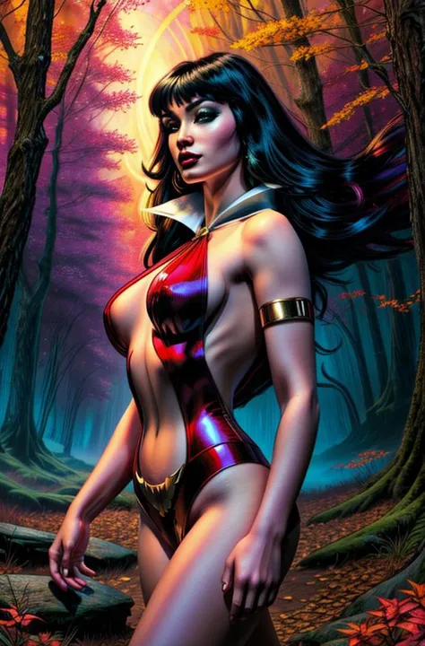 sfw, award winning, hyperreal, masterpiece, comics style by jim lee, vampirella, (detailed outfit), strolling through an enchanted forest, vivid autumn colors, psychedelic sky, beautiful detailed face, natural skin texture, artistic erotica, high quality, ...