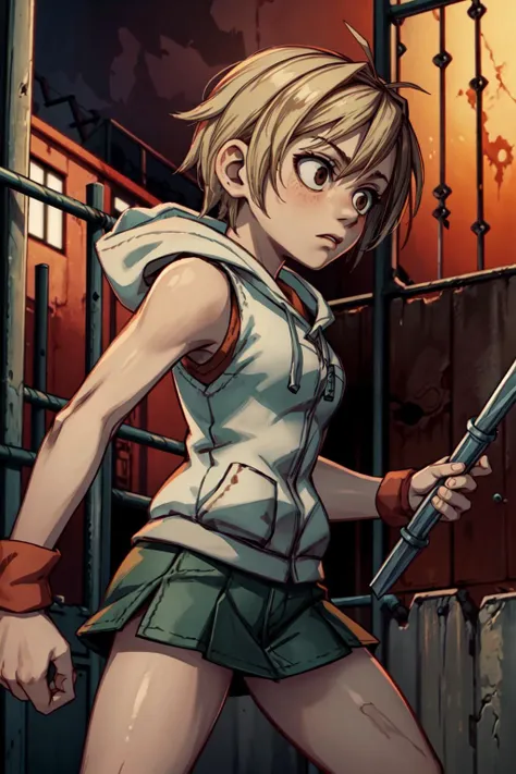 1girl, dynamic pose, holding a weapon, pipes, <lora:SH3Heather:0.8>, SH3Heather, brown eyes, sleeveless, sweater, white vest with hood, green mini skirt, amusement park, <lora:add_detail:0.7>, horror, gore, metalic walls, fences, rust, red walls, barbed wi...