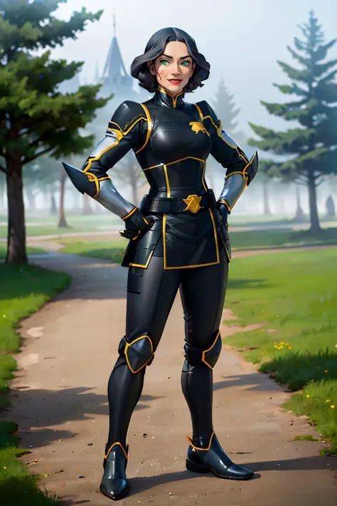 a woman in a black and yellow outfit standing on a path