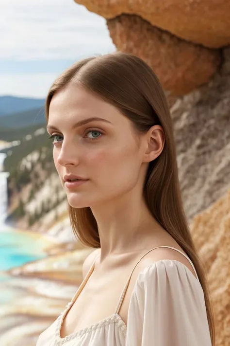 European woman, closeup, sandals, (shirt), pants, (yellowstone), ZM_mathea, wide shoulders, perfect face, (contact iris: 1.1), pale skin, skin pores , depth of field