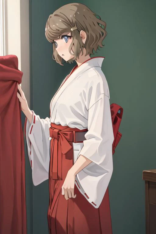 best quality, masterpiece, highres, solo, {white kimono:1.35}, {red hakama:1.35}, {wide sleeves:1.20}, {koga_tomoe_seishunbutayarou:1.15}, brown_hair, short_hair, hair_ornament, hairclip, blue_eyes, bangs, grey_eyes