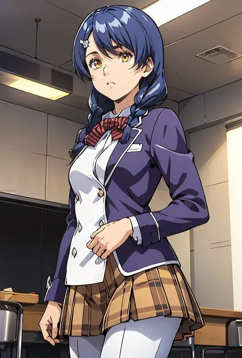 (masterpiece, best quality), 1girl,  <lora:tadokoro_megumi_v1:0.8> 1girl, solo, long hair, blue hair, twin braids, hair ornament, yellow eyes, hair over shoulder, school uniform, red bowtie, blazer, (blue jacket:1.2), plaid skirt, brown skirt, 1girl, solo,...