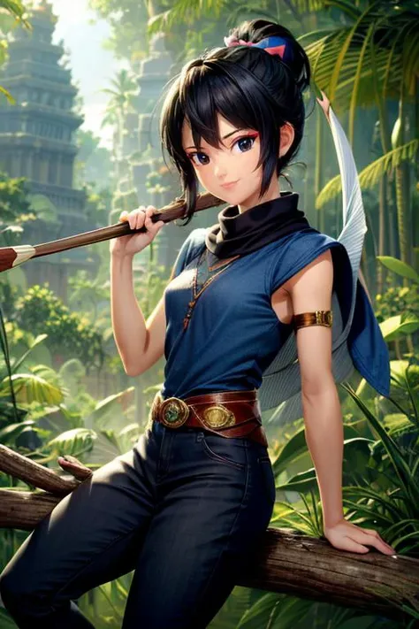 a woman in a blue shirt holding a sword in a jungle