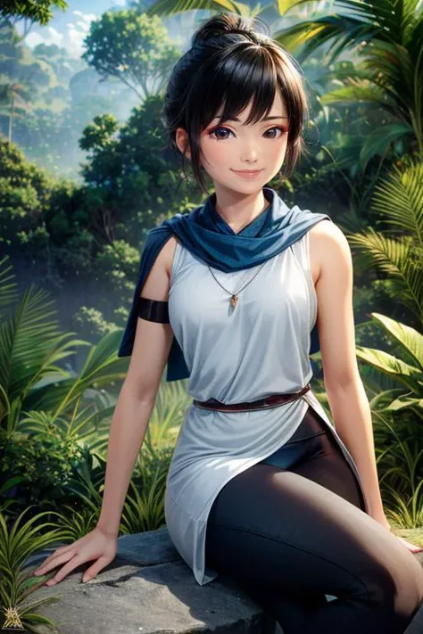 (masterpiece, best quality, highres, absurdres, ultra-detailed:1.2), <lora:Kena_v1:0.7>((kena, 1girl, solo, blue and white shawl, tunic, arm bands, black leggings, patches, smile, from side)), (asian:1.3), (jungle, tropical trees, ancient city, overgrowth)...