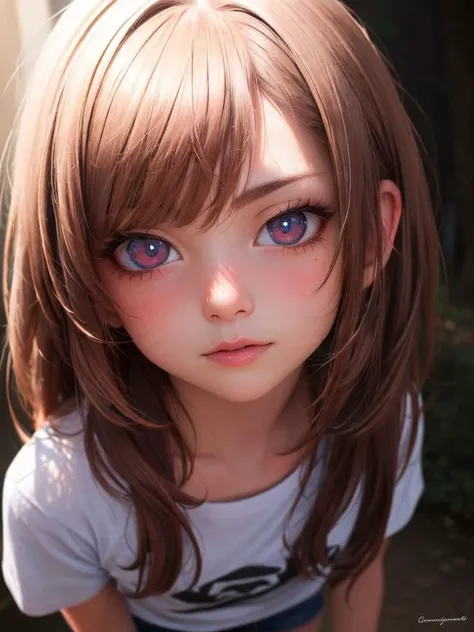 a close up of a girl with long hair and blue eyes