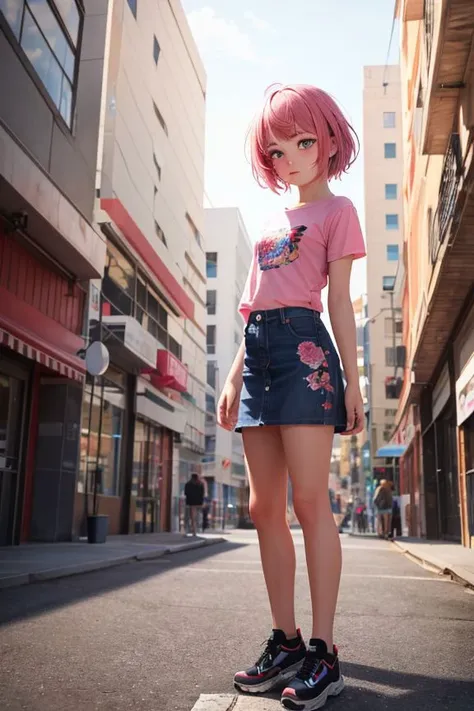 arafed girl with pink hair and a pink shirt standing on a street