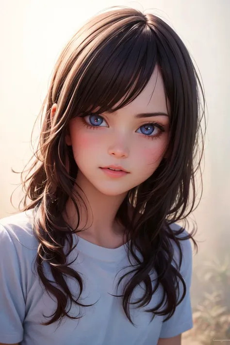 a girl with long hair and blue eyes is staring at the camera