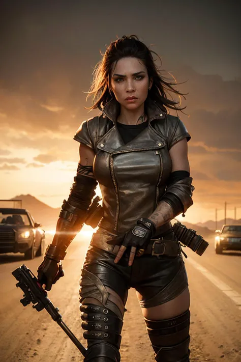 a woman in leather outfit holding a gun on a road