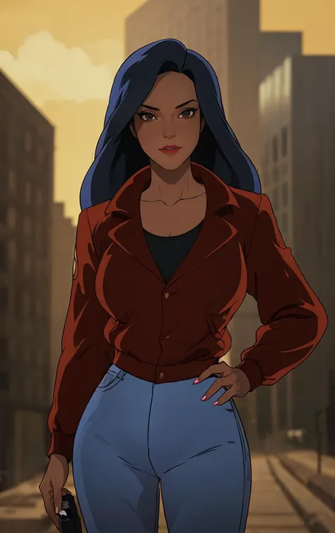 a cartoon of a woman in a red shirt and blue jeans