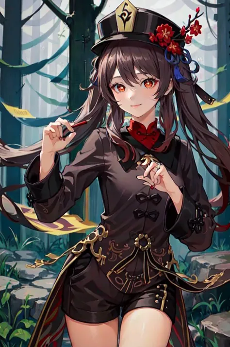 <lora:Hu_Tao_Genshin:0.8> Hu_Tao_Genshin, 1girl, solo, long hair, red eyes, brown eyes, flower-shaped pupils, twintails, hu tao (genshin impact), hat, long sleeves, hat flower, jewelry, chinese clothes, shorts, smile, hands up, forest, night,  <lora:eisu:1...