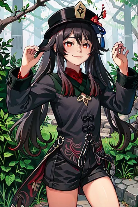 <lora:Hu_Tao_Genshin:0.8> Hu_Tao_Genshin, 1girl, solo, long hair, red eyes, brown eyes, flower-shaped pupils, twintails, hu tao (genshin impact), hat, long sleeves, hat flower, jewelry, chinese clothes, shorts, smile, hands up, forest, night,  <lora:comicl...