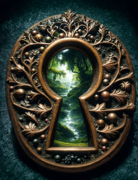 a close up of a keyhole with a picture of a forest