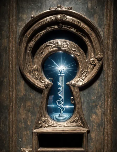 a close up of a door with a keyhole and a light shining through it