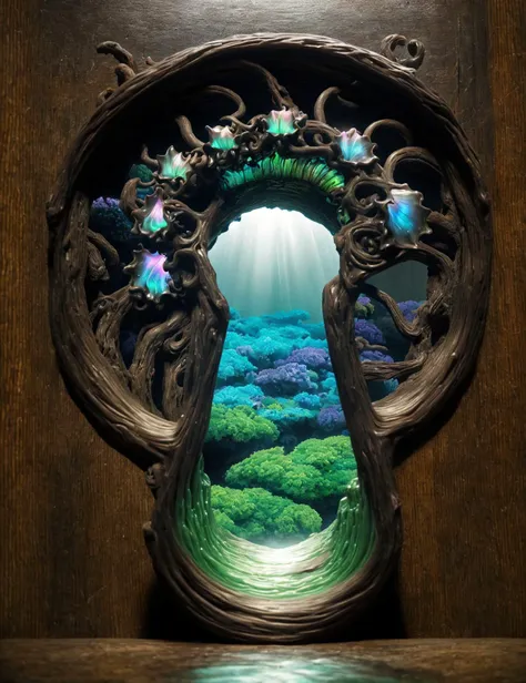 a close up of a mirror with a forest scene in it